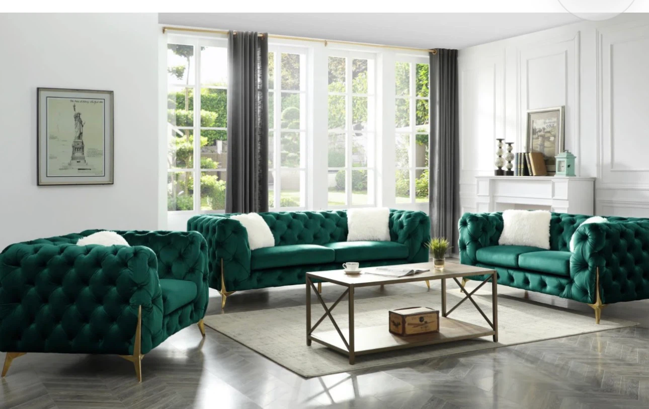 Green Velvet Chesterfield Sofa Set