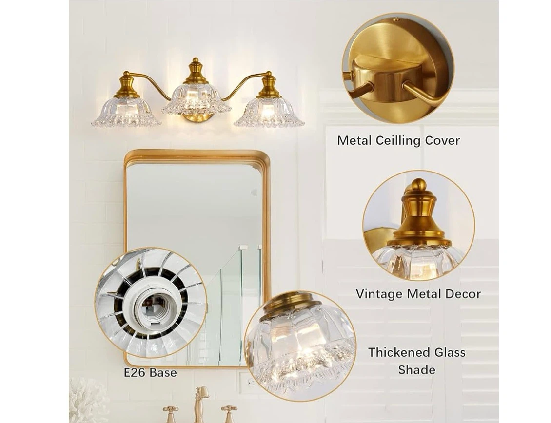 Vintage Gold Bathroom Light Fixtures - 3-Light - photo 2