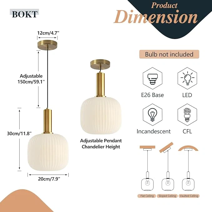 BOKT Gold Pendant Light Milk White Strip Glass
