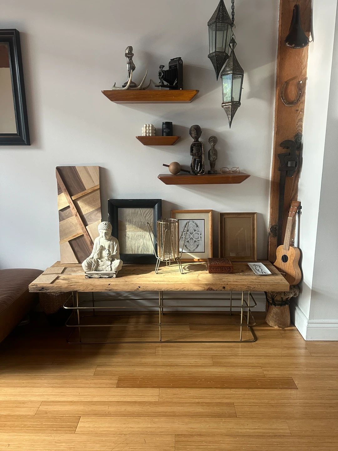 VINTAGE RECLAIMED BARN WOOD ANTIQUE STEEL COFFEE DISPLAY TABLE - photo 2