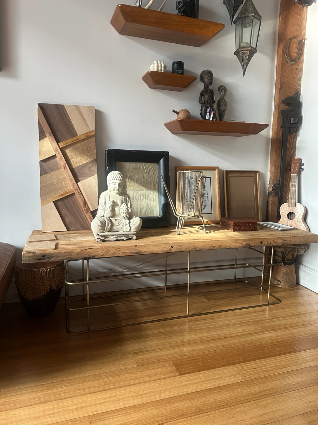VINTAGE RECLAIMED BARN WOOD ANTIQUE STEEL COFFEE DISPLAY TABLE - photo 3