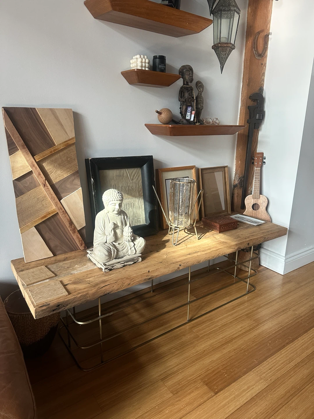 VINTAGE RECLAIMED BARN WOOD ANTIQUE STEEL COFFEE DISPLAY TABLE - photo 4