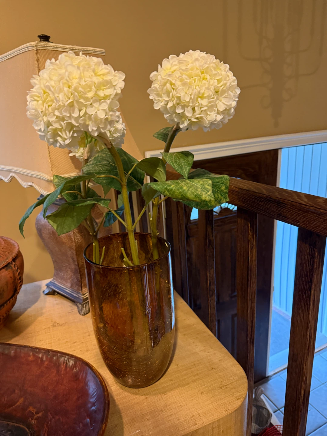 Amber Glass Vase with Faux Hydrangeas