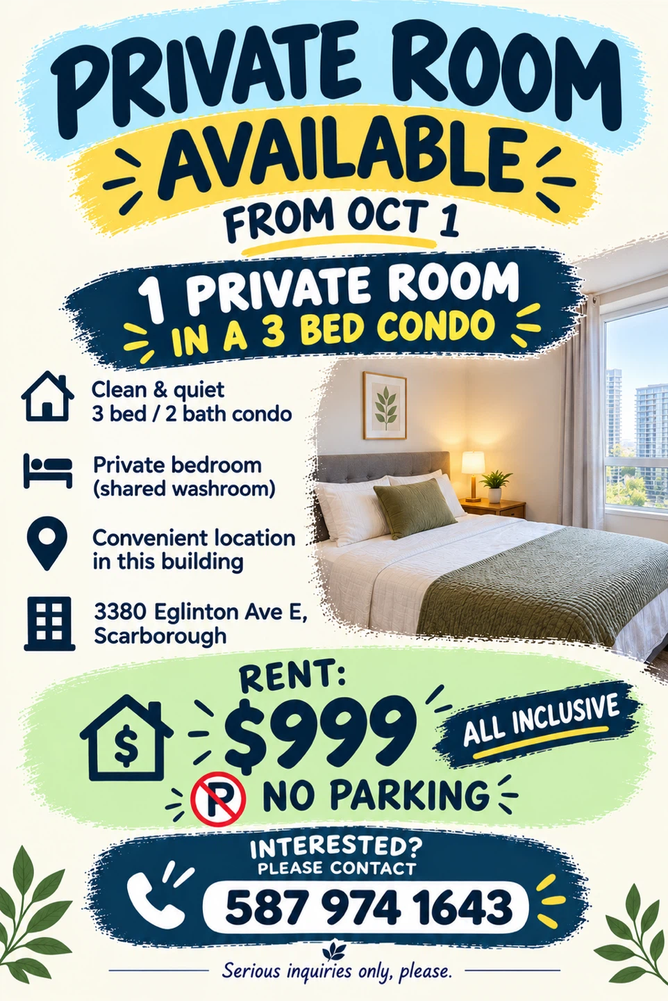 Private Room with shared washroom in a 3 bedroom condo
