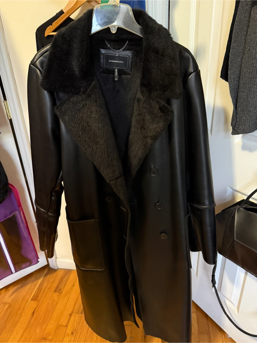BCBGMAXAZRIA Black Faux Leather Coat