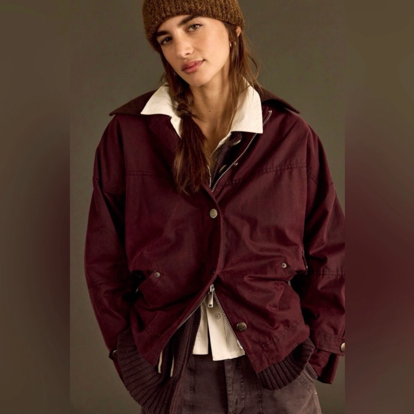 Free People We The Free Cori Waxed Cotton Jacket XL Burgundy
