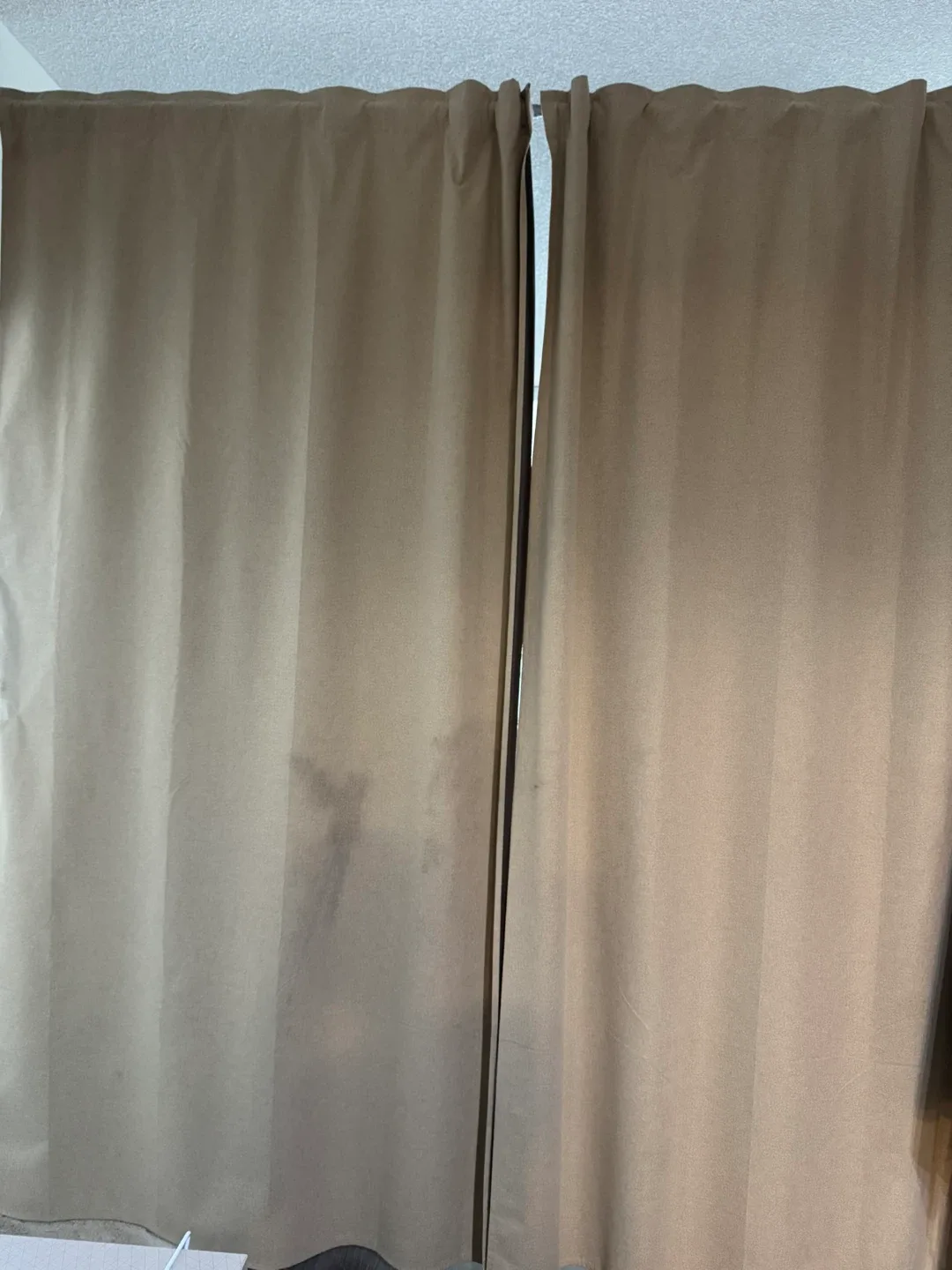 Pair of tan curtains + rod