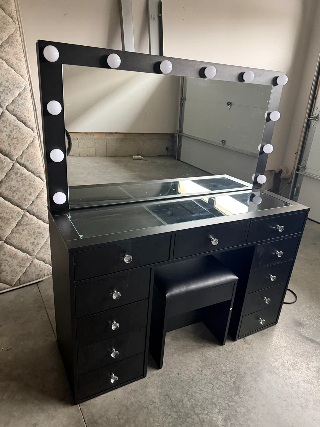 Black Vanity Table with Lighted Mirror and Stool