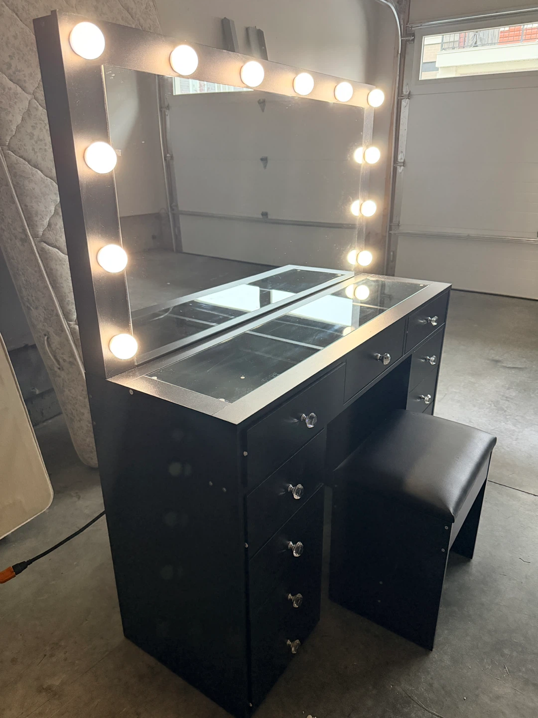 Black Vanity Table with Lighted Mirror and Stool - photo 2