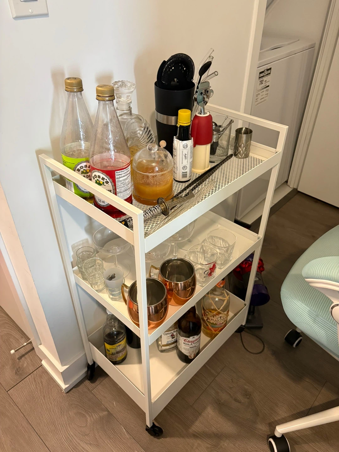 White 3-Tier Rolling Bar Cart