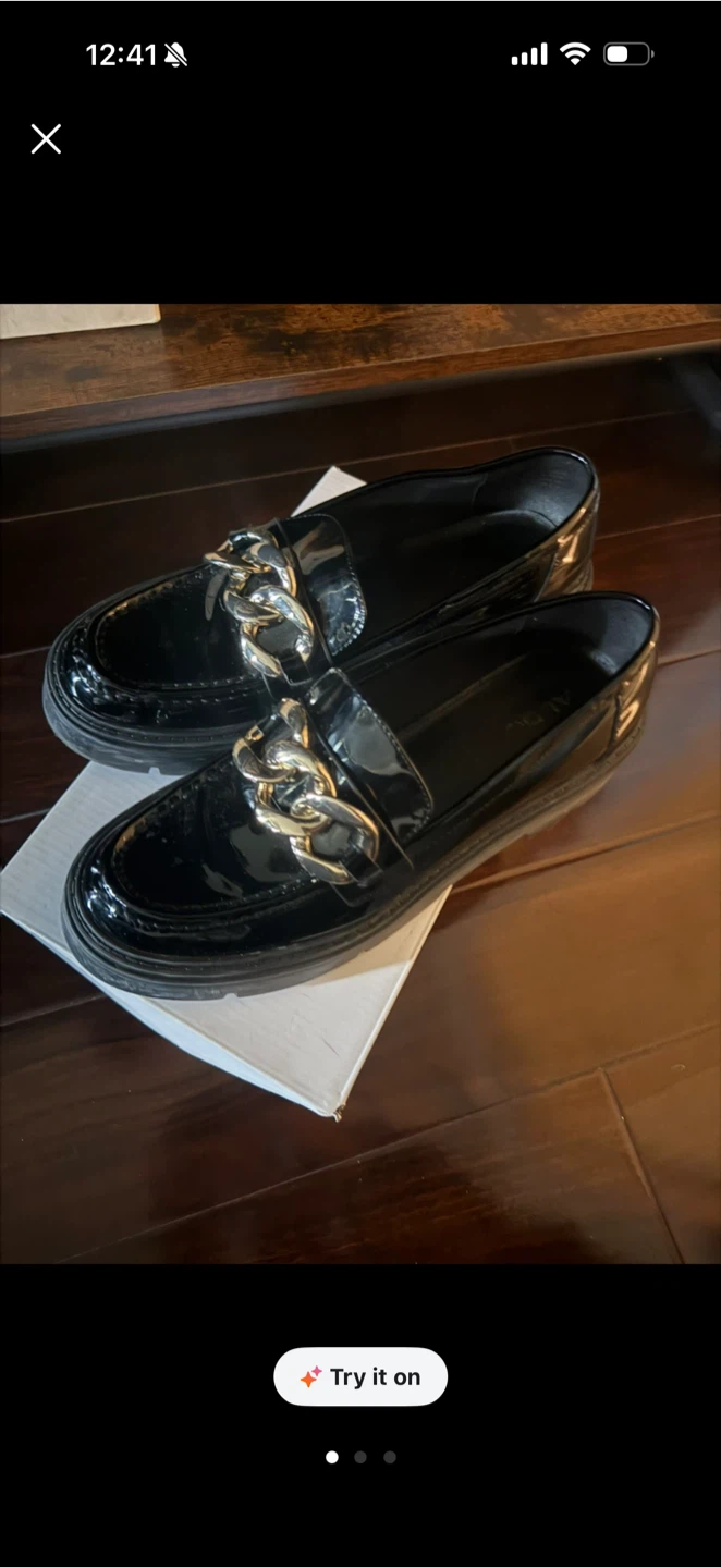 Aldo Black Patent Loafers with Gold Chain