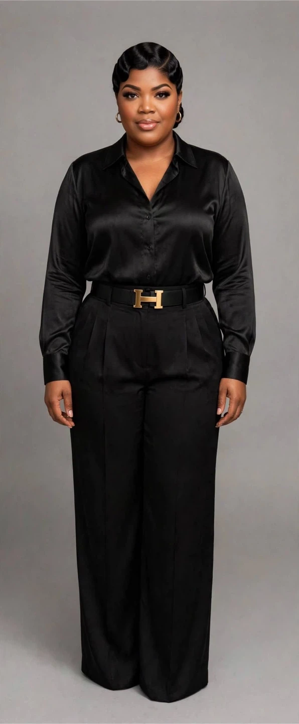 Black Satin Button-Down Pants suit