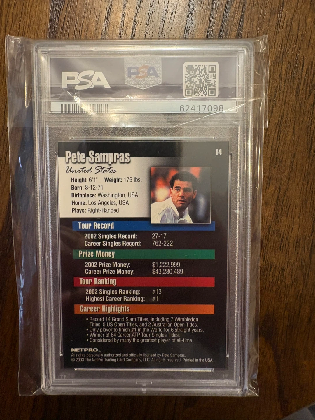 2003 NetPro Pete Sampras #14 PSA 10 - photo 2