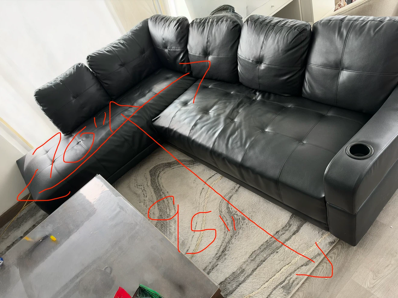 Black Leather Sectional Sofa with Cup Holder