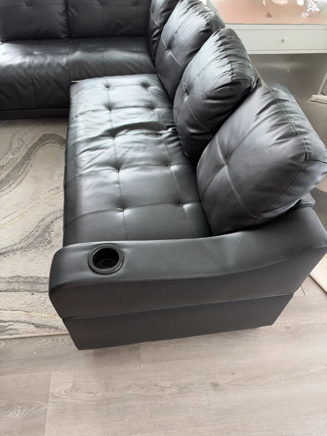Black Leather Sectional Sofa with Cup Holder - photo 2