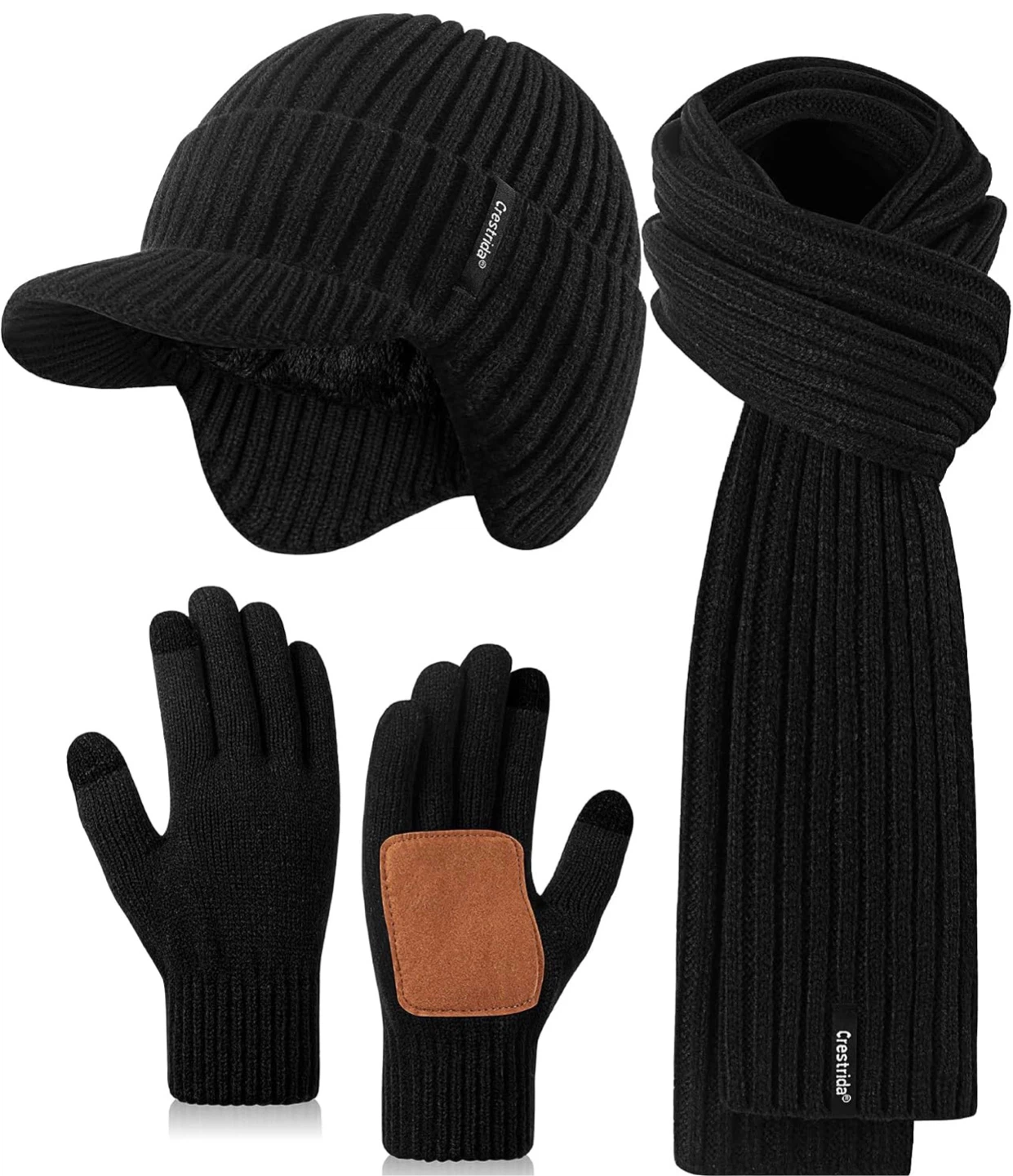 Black Winter Hat, Scarf, and Gloves Set