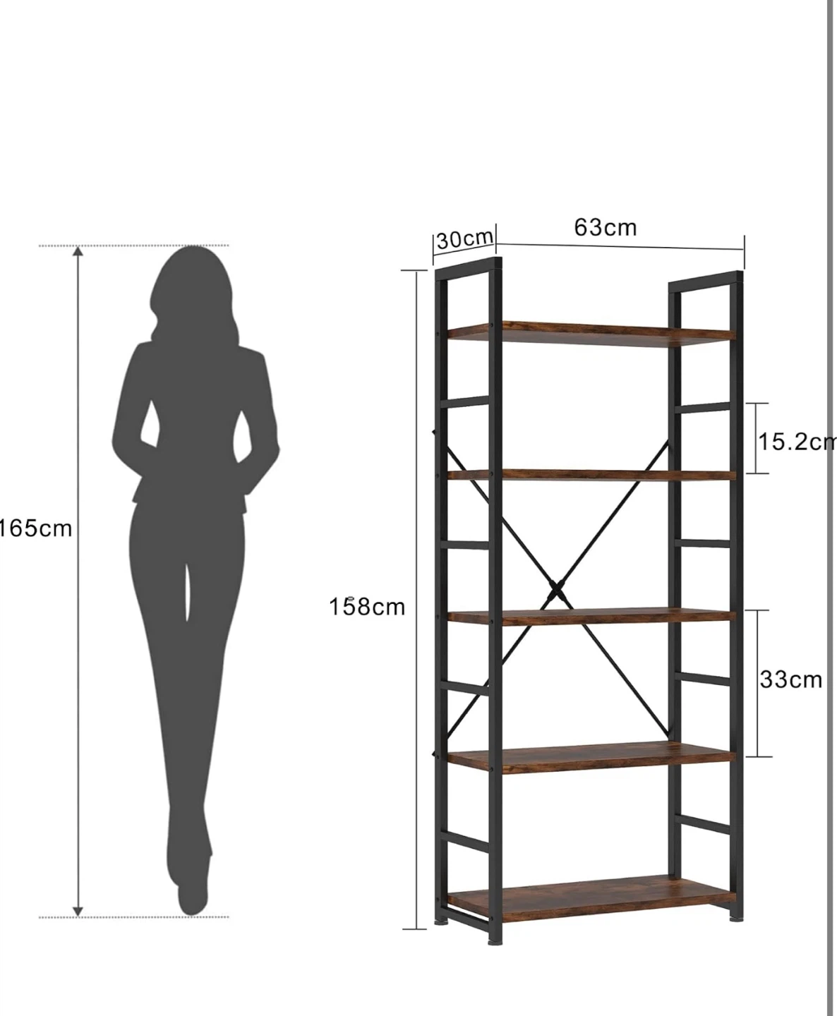 VERMESS 5-Tier Industrial Bookshelf Rustic Brown - photo 2