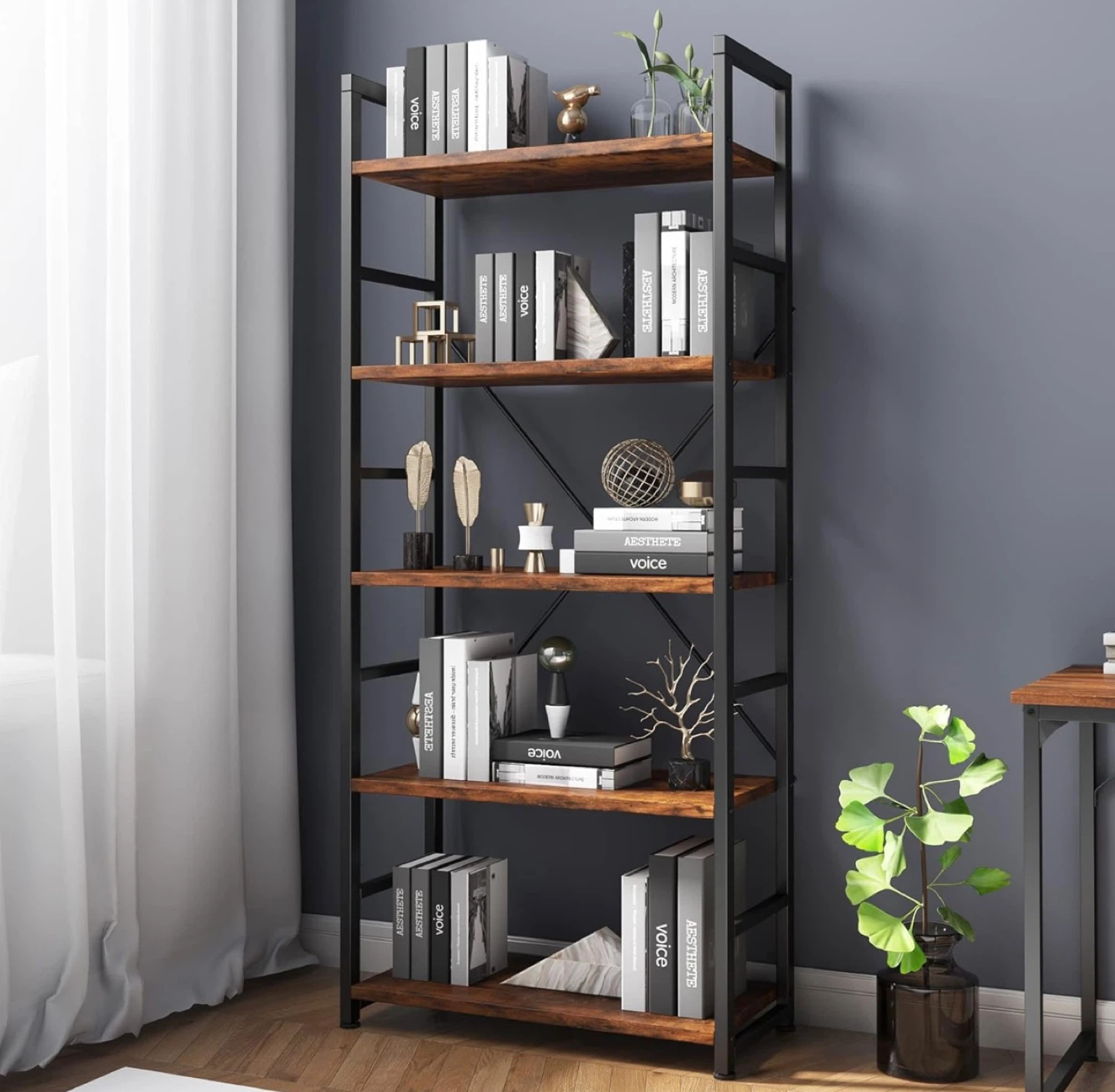 VERMESS 5-Tier Industrial Bookshelf Rustic Brown