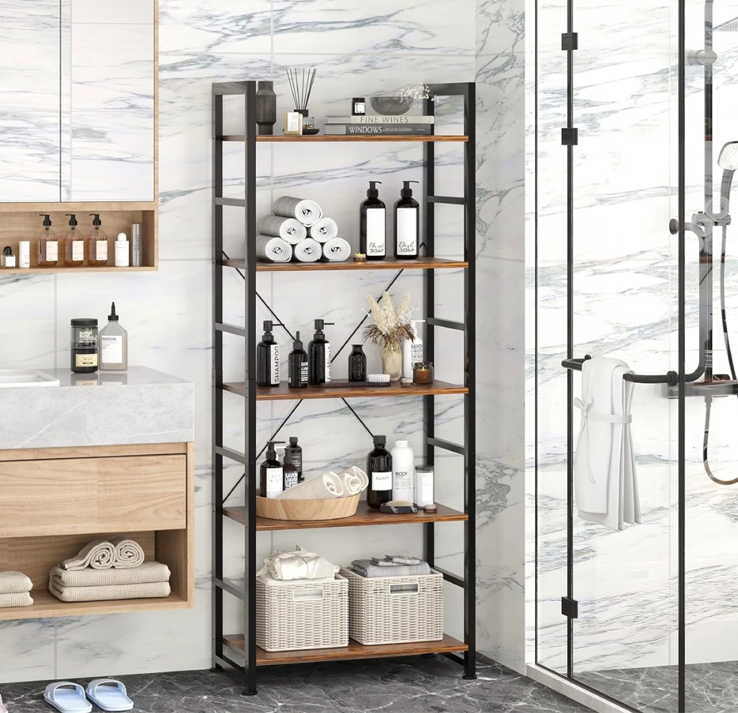VERMESS 5-Tier Industrial Bookshelf Rustic Brown - photo 3