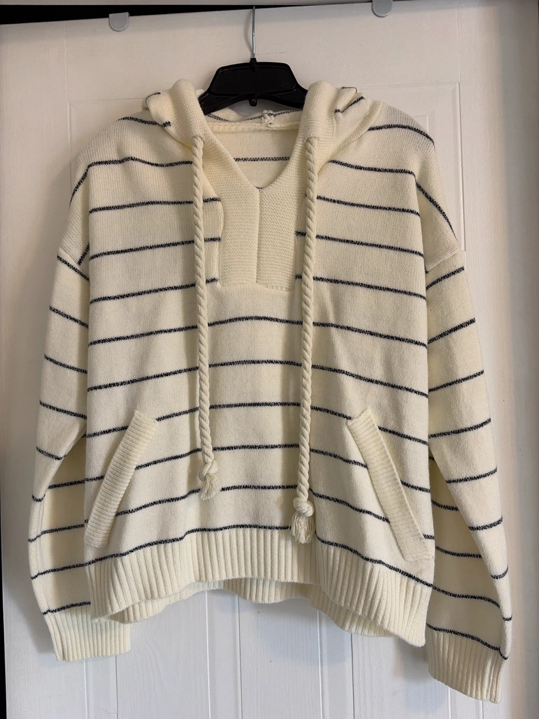 Cream and Black Striped Knit Hoodie