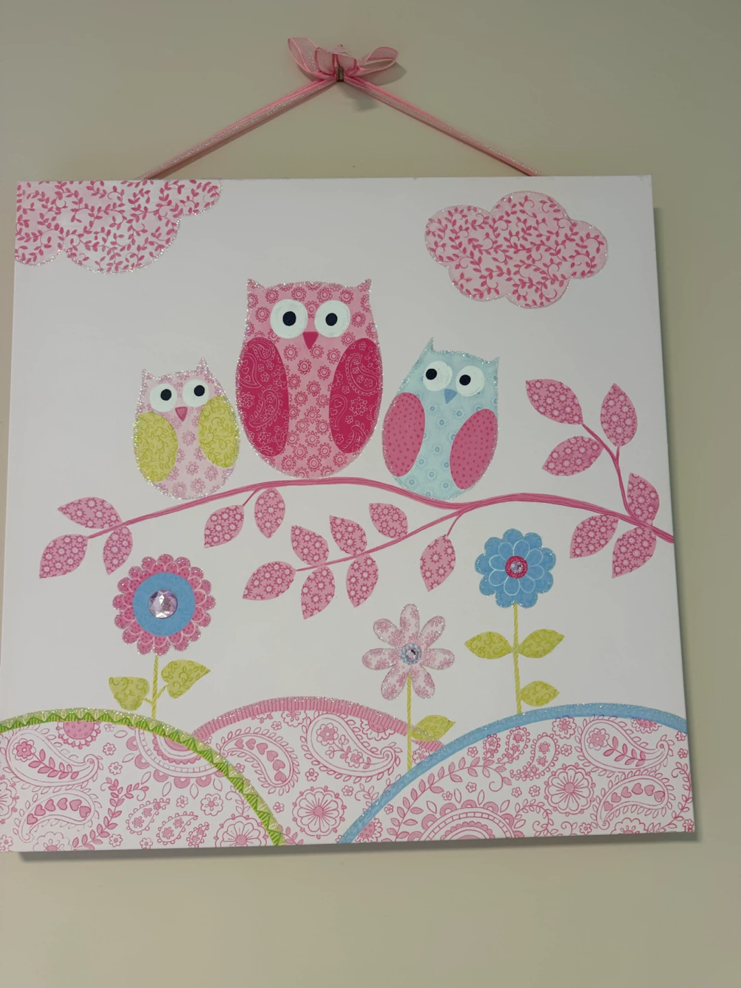 Pink & Blue Owl Family Wall Art / Nursery Canvas Decor