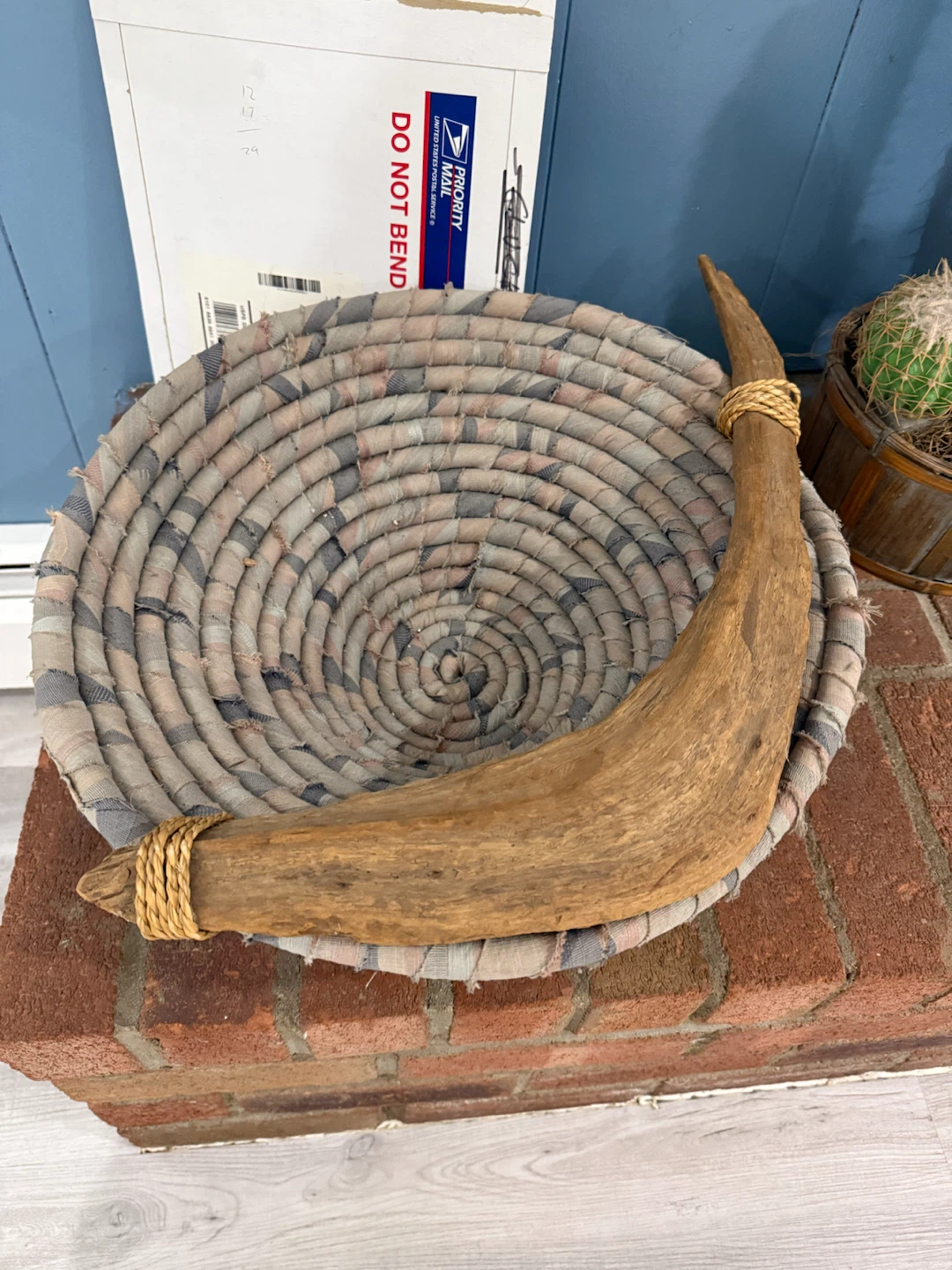 Coiled Fabric and Driftwood Decorative Basket