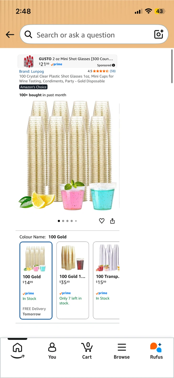 NEW! 150 Gold Mini Plastic Shot Glasses