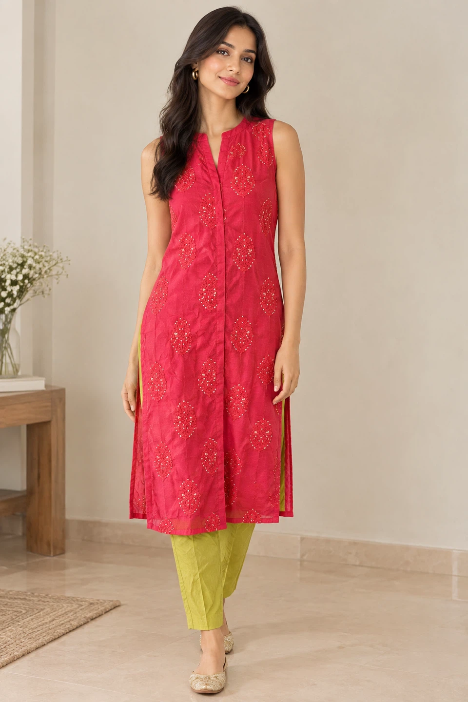 Pink Kurti and Lime Green Leggings Set