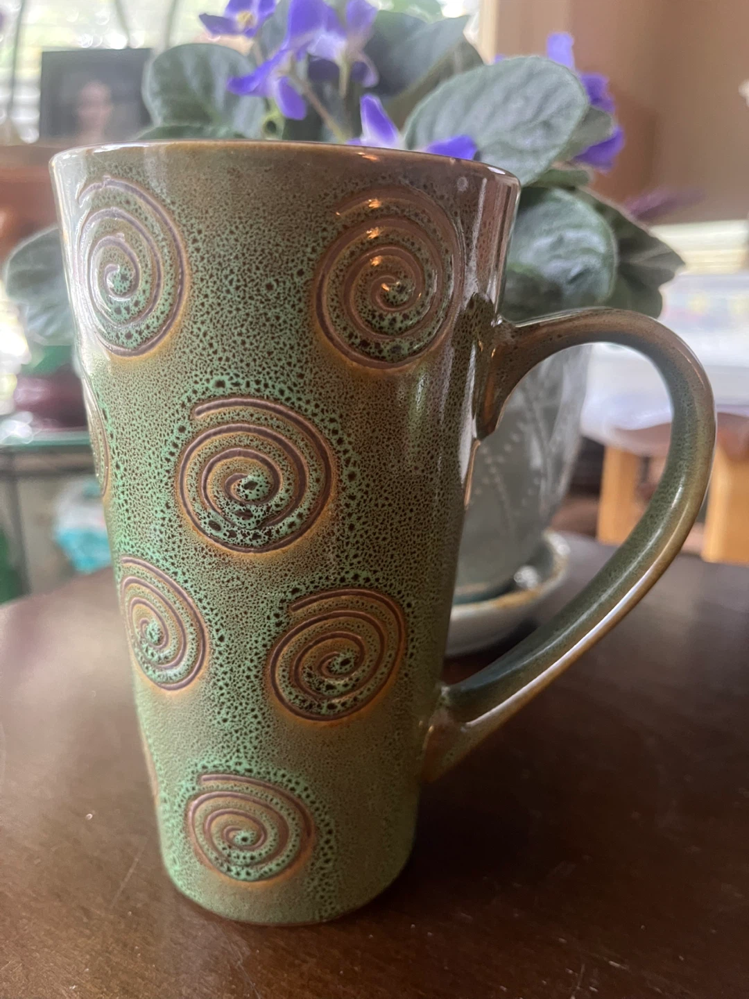 Ceramic Mug, Spiral Pattern, Chocolate Brown Interior, 6 in Tall