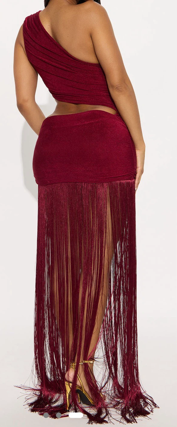 "NWT Fashion Nova Fringe Maxi Dress, Burgundy, Size M" - photo 2