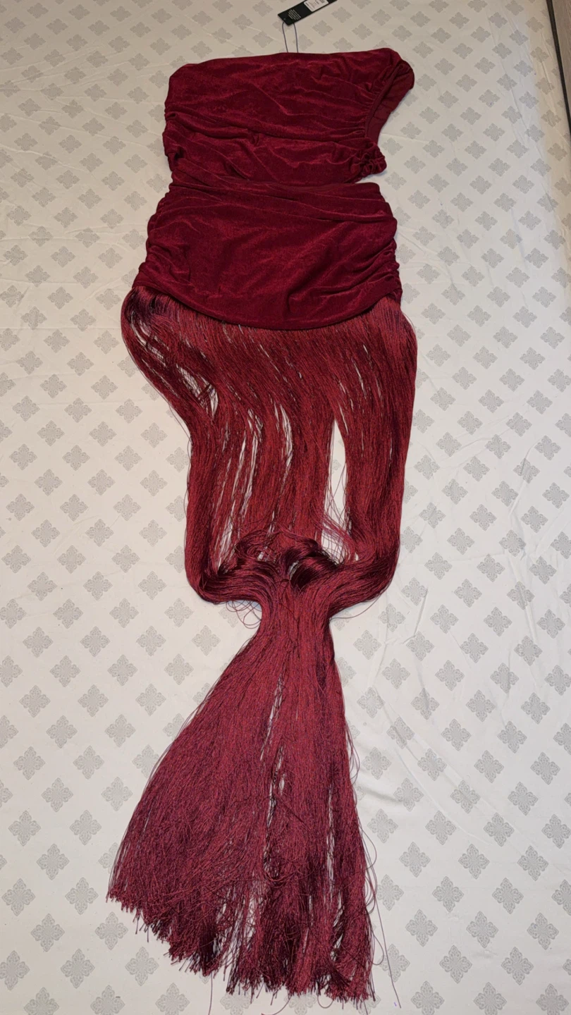 "NWT Fashion Nova Fringe Maxi Dress, Burgundy, Size M" - photo 3