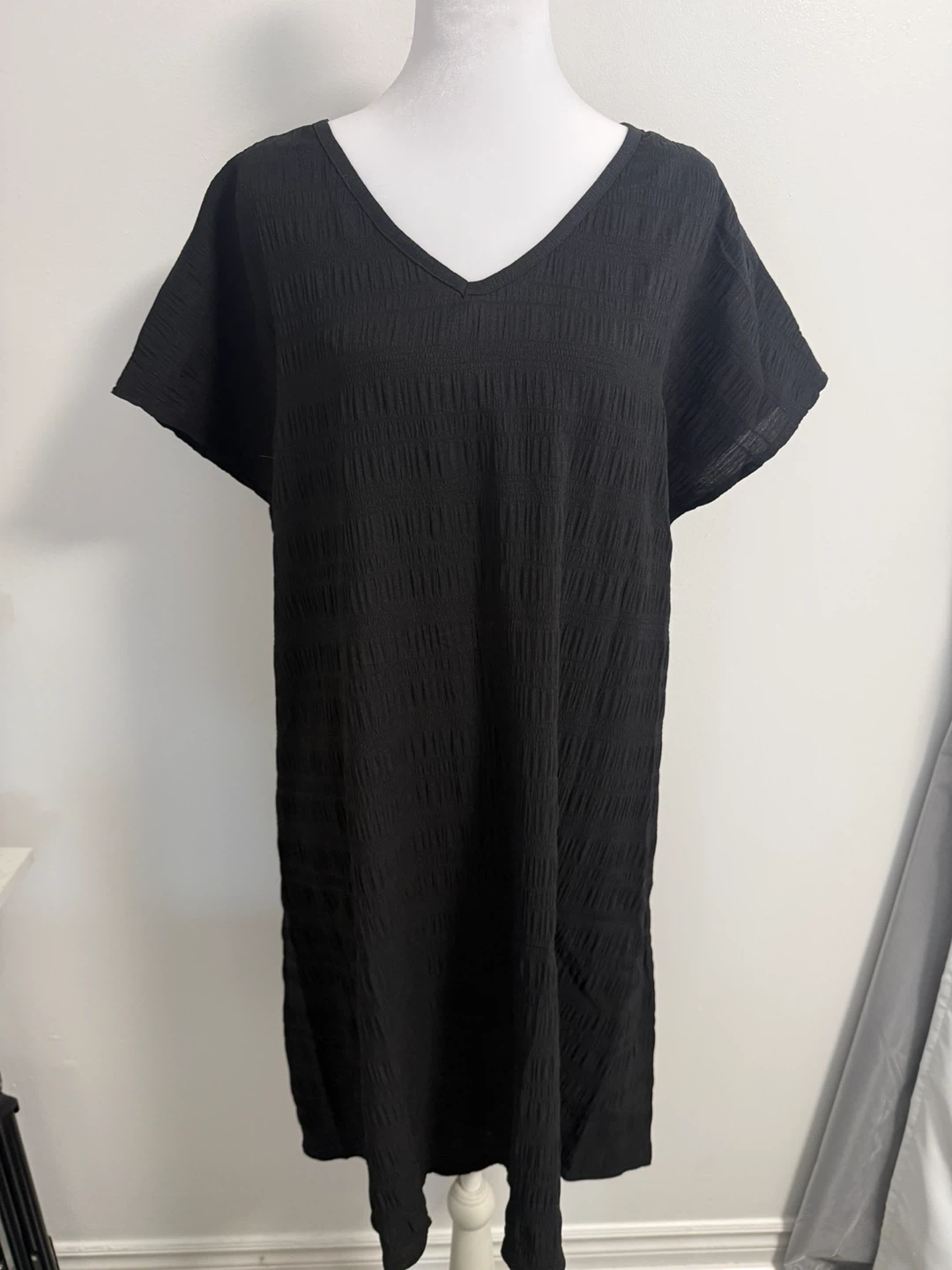 Black V-Neck Textured Dress