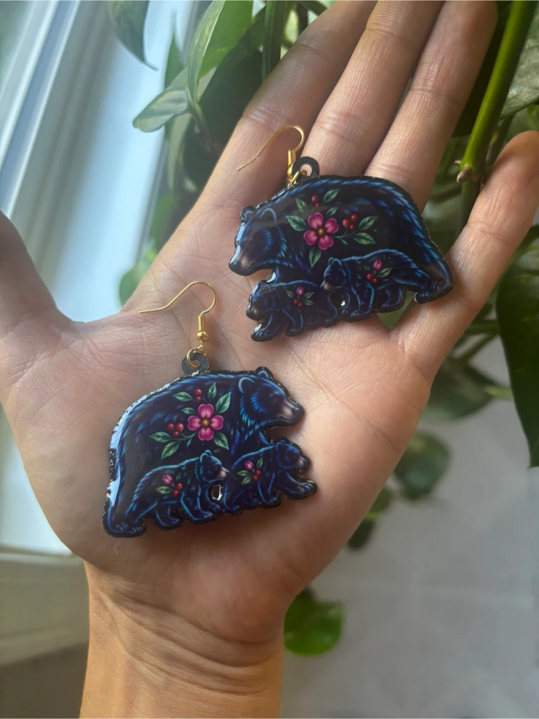 Floral Bear & cub earrings
