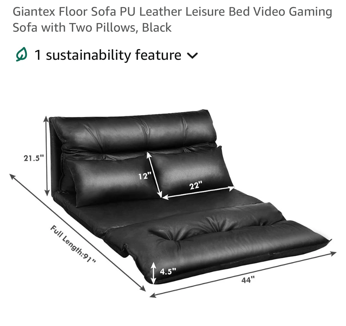 Giantex Black PU Leather Floor Sofa with Two Pillows - photo 2