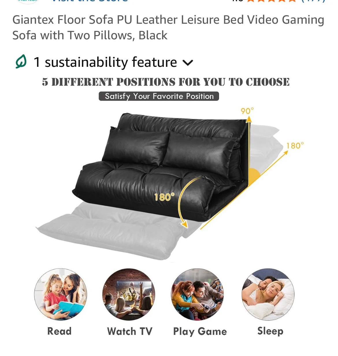 Giantex Black PU Leather Floor Sofa with Two Pillows - photo 3