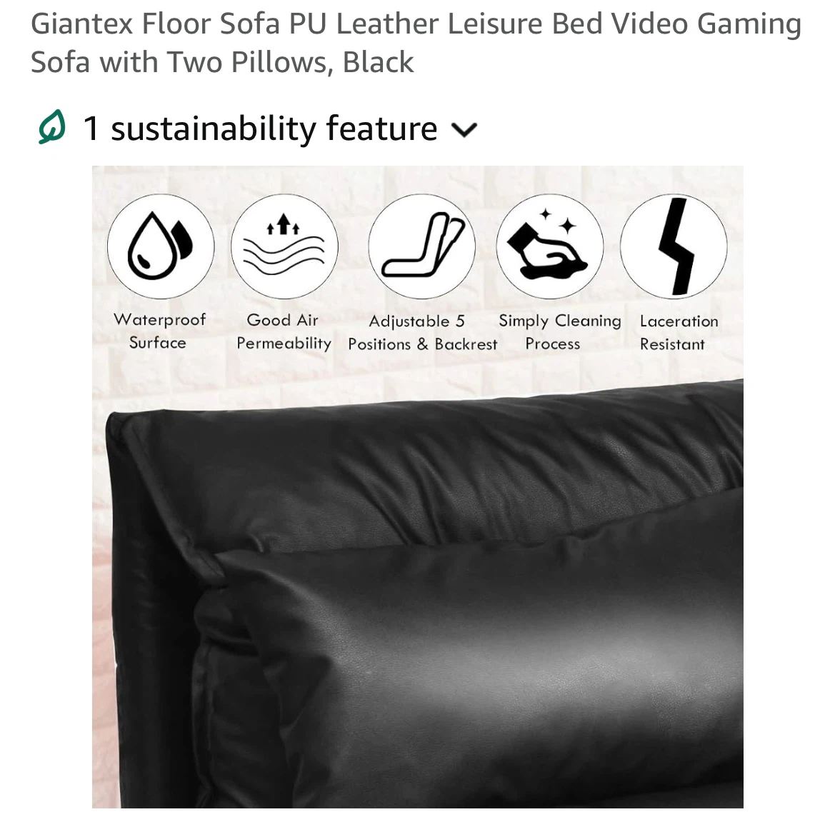 Giantex Black PU Leather Floor Sofa with Two Pillows - photo 4