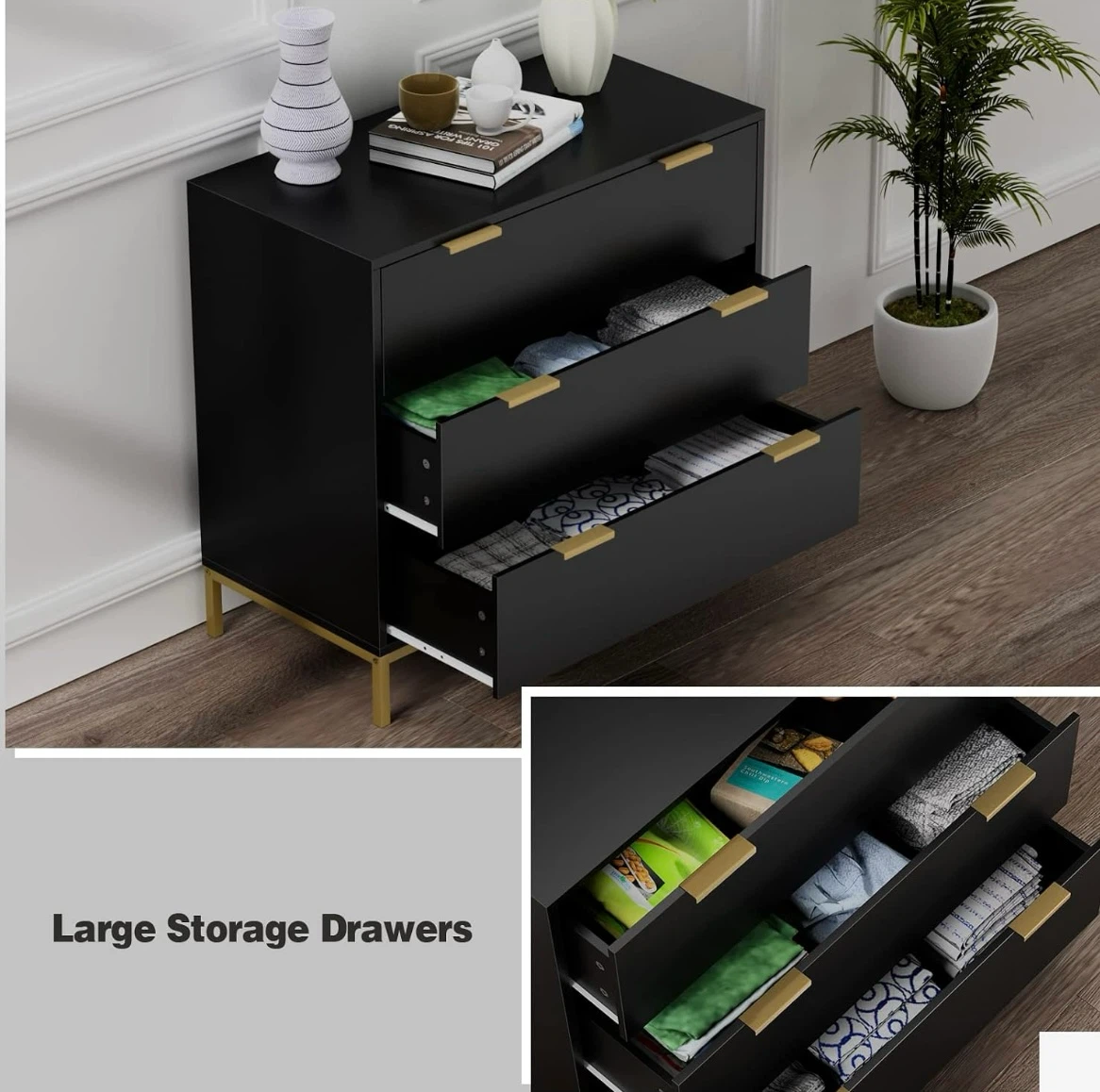 Modern 3-Drawer Dresser with Gold Accents