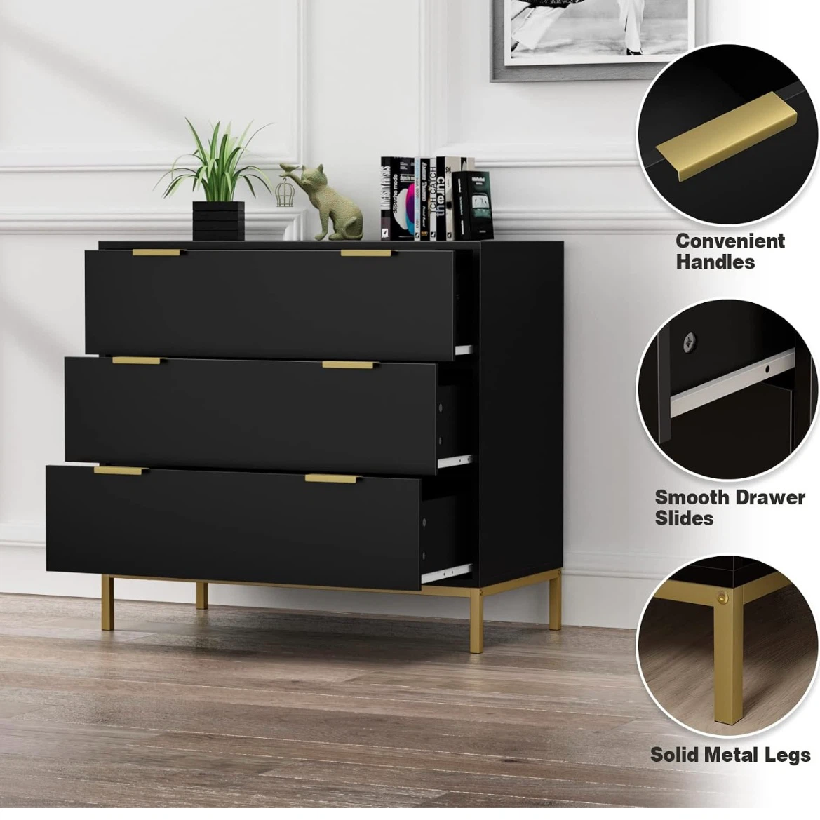 Modern 3-Drawer Dresser with Gold Accents - photo 2