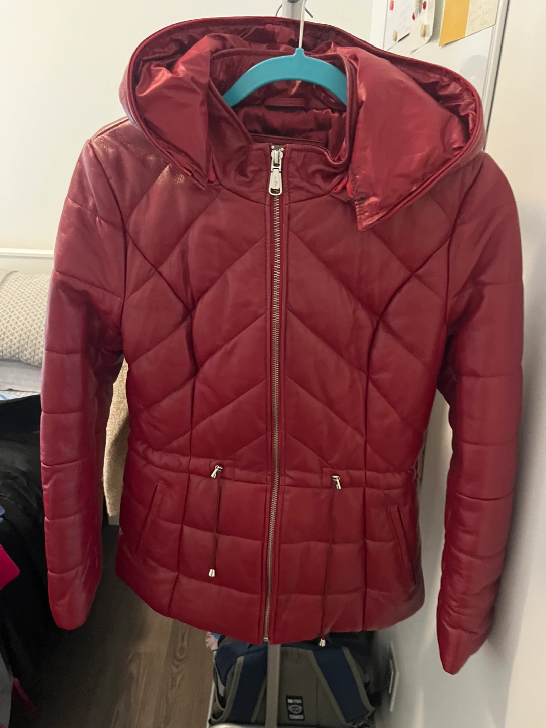 Red Quilted Hooded Jacket Leather