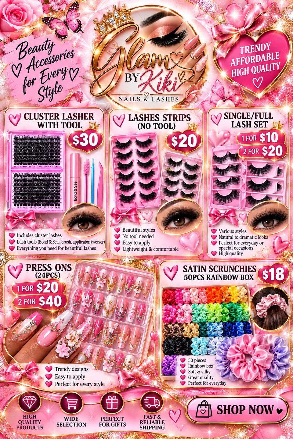 Glam By Kiki Satin Scrunchies 2 colors of your choice