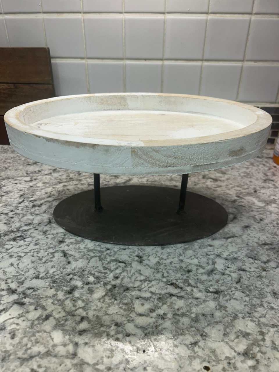 Rustic White Wood and Metal Pedestal Tray