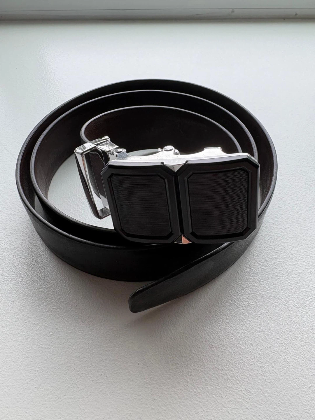 Black Leather Dress Belt with Silver Buckle