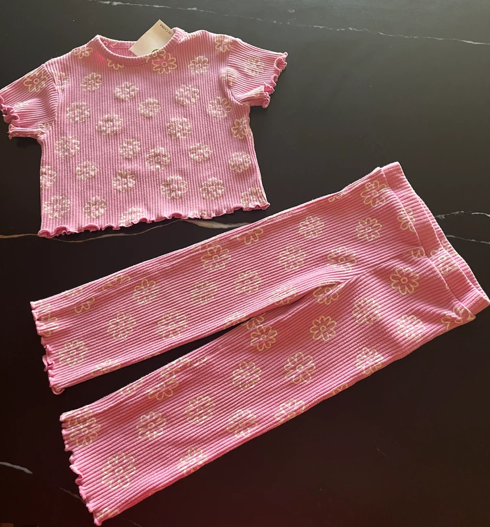 New Pink Floral Ribbed Two-Piece Set