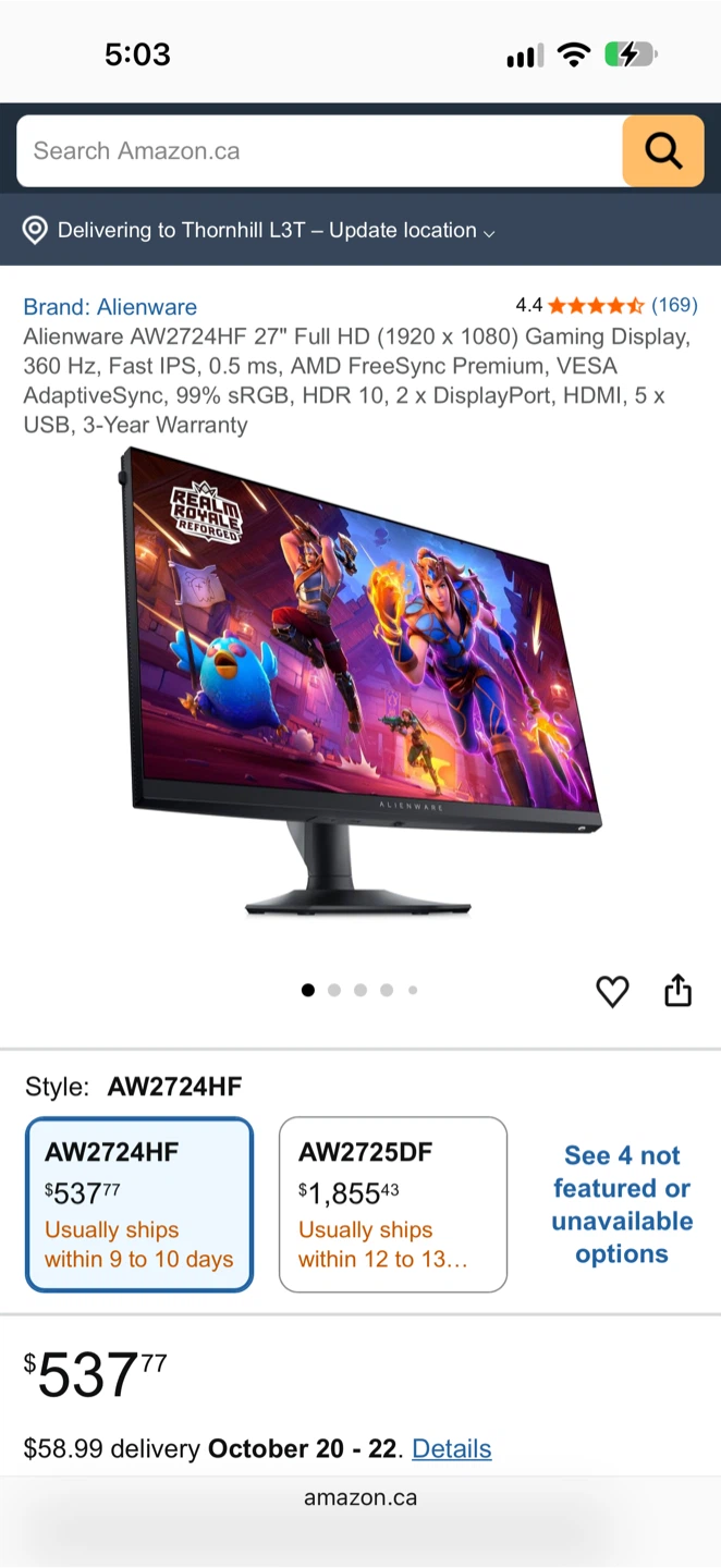 Alienware AW2724HF 27" 360Hz Gaming Monitor – Like New