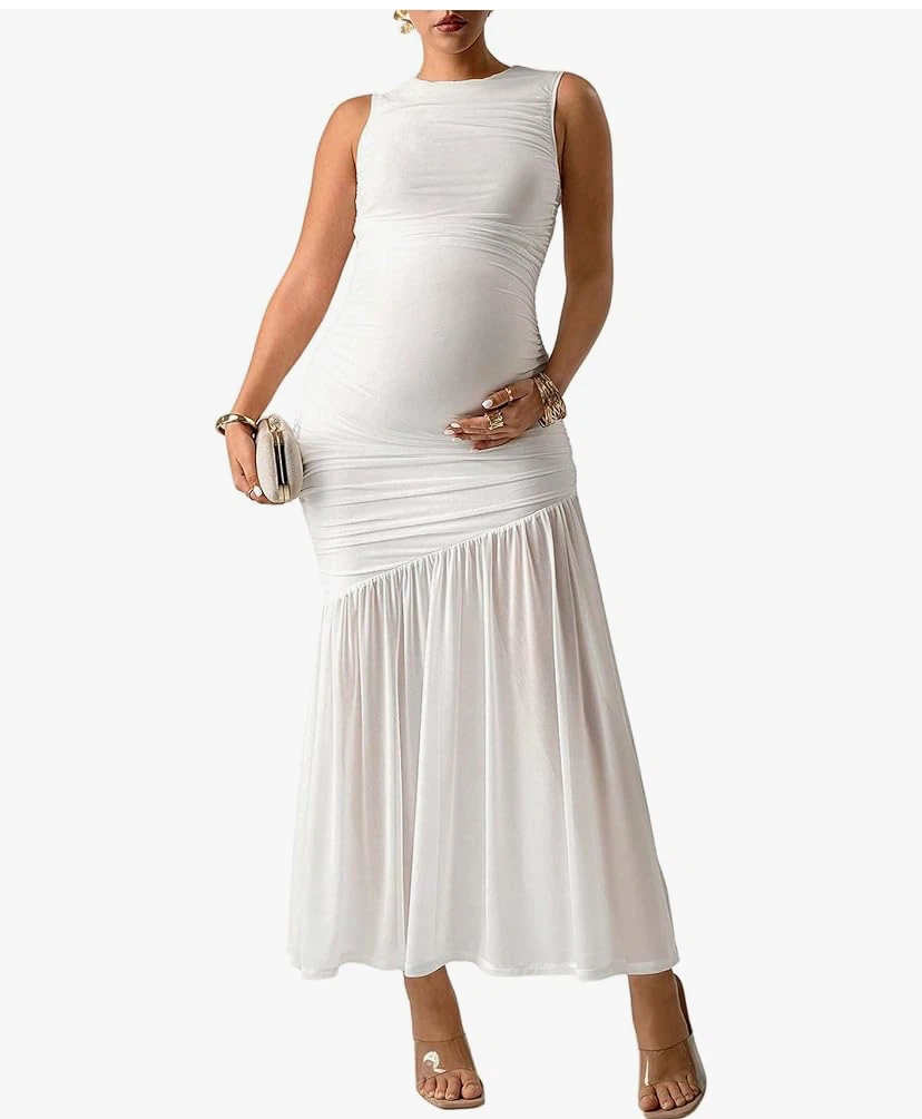 Women's Maternity Mesh Tank Dress Ruched Ruffle XL