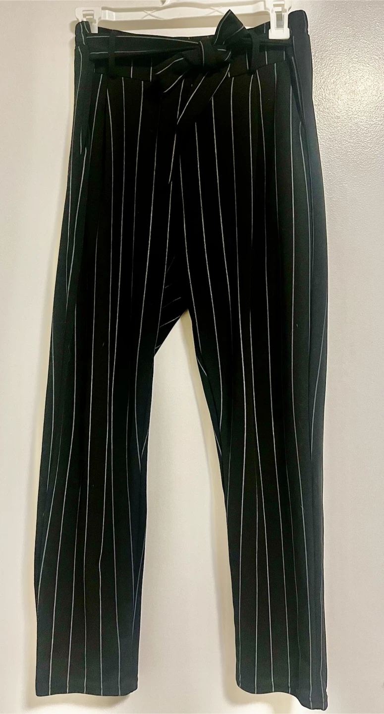 Black Pinstripe Tie-Waist Trousers