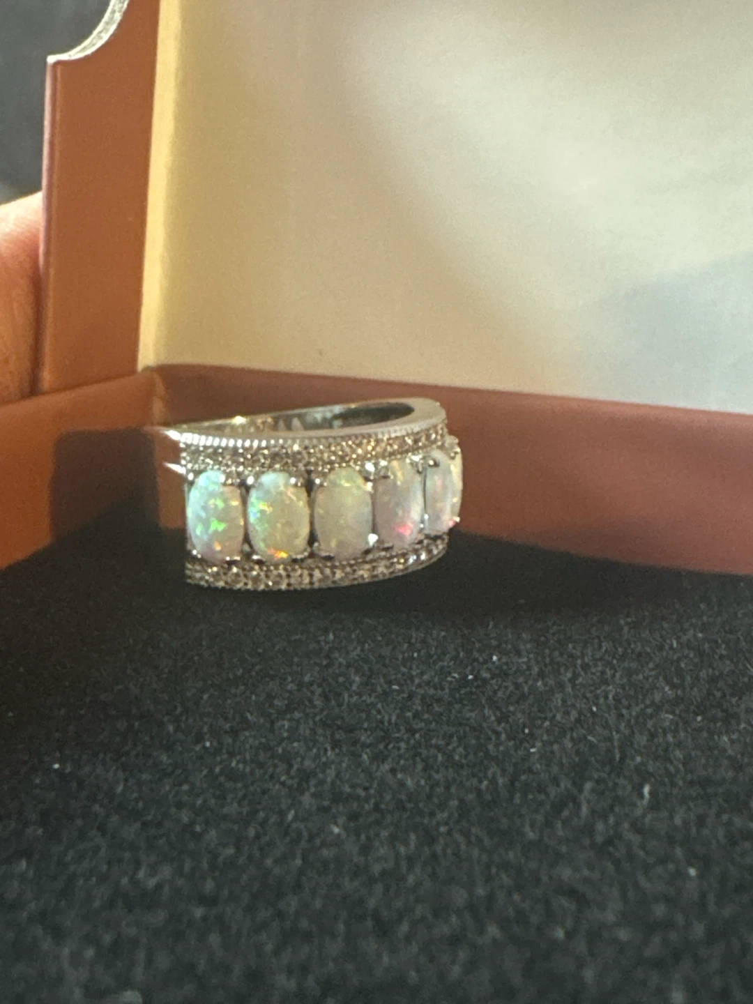 Opal & White Gold Ring – CZ Diamond Accents – Beautiful!