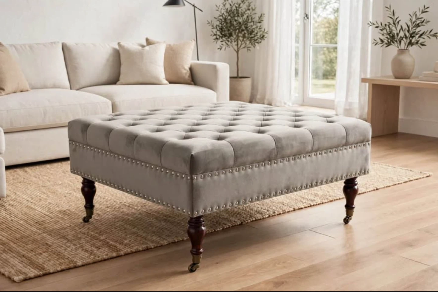 Tufted grey Velvet Ottoman