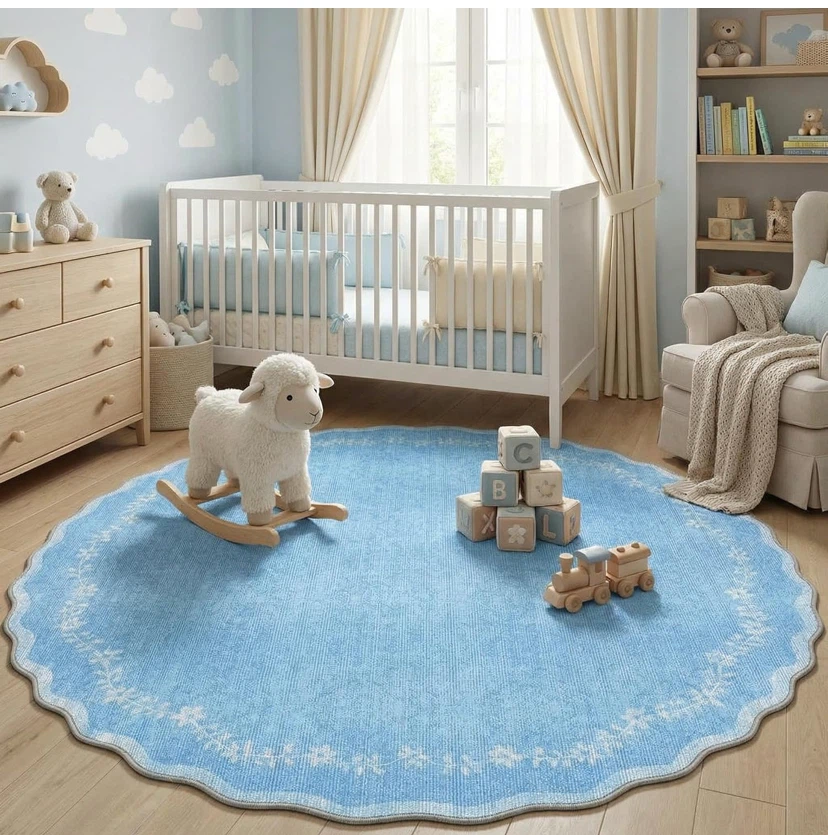 Blue Scalloped Round Area Rug