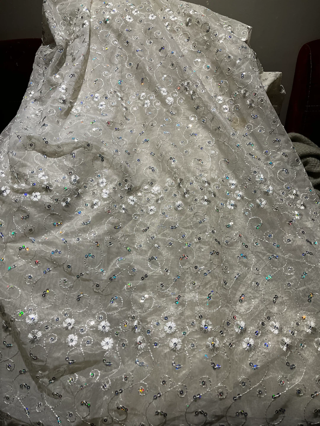 Turkish Curtains  Mesh Fabric with Silver Embroidery and Sequins - photo 2